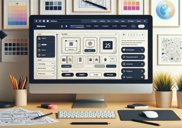 Desktop monitor showing the Elementor editor in a designer’s workspace