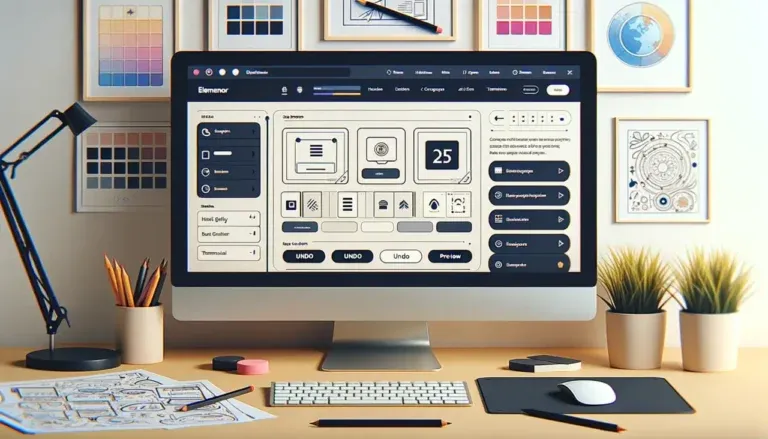 Desktop monitor showing the Elementor editor in a designer’s workspace
