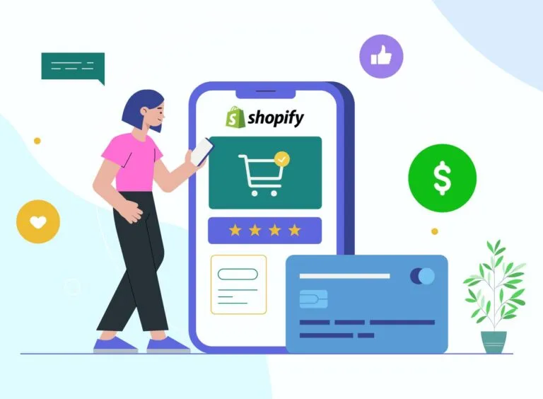 Illustration of a shopper using a phone with a Shopify cart, a payment card, and checkout icons